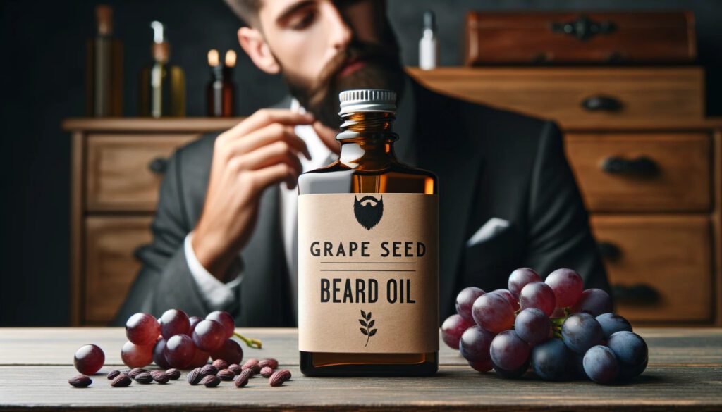 Butelka olejku do brody z etykietą 'Grape Seed Beard Oil' umieszczona na drewnianej toaletce. Obok butelki znajdują się pestki winogron i kiść świeżych winogron, podkreślające naturalne pochodzenie oleju. W tle, nieco rozmyty, mężczyzna głaszczący zamyślenie swoją brodę, co sugeruje rozważną pielęgnację zarostu. Całość oddaje wrażenie naturalnej elegancji i odżywczej istoty oleju z pestek winogron w pielęgnacji brody.
