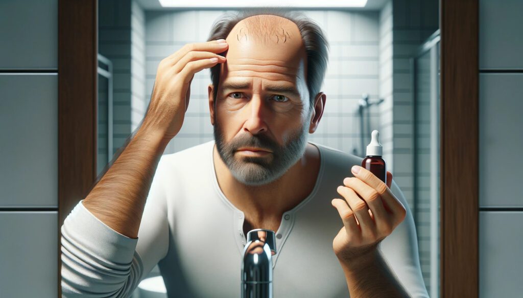 Mężczyzna używający minoksydylu na skórę głowy